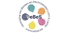 Logo VeBeS: Vereniging van Blinden en Slechtzienden met vijf vingerafdrukken in vijf verschillende kleuren.