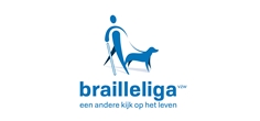 Het logo van de Brailleliga, met een figuurtje dat wandelt met behulp van een geleidehond en een witte stok